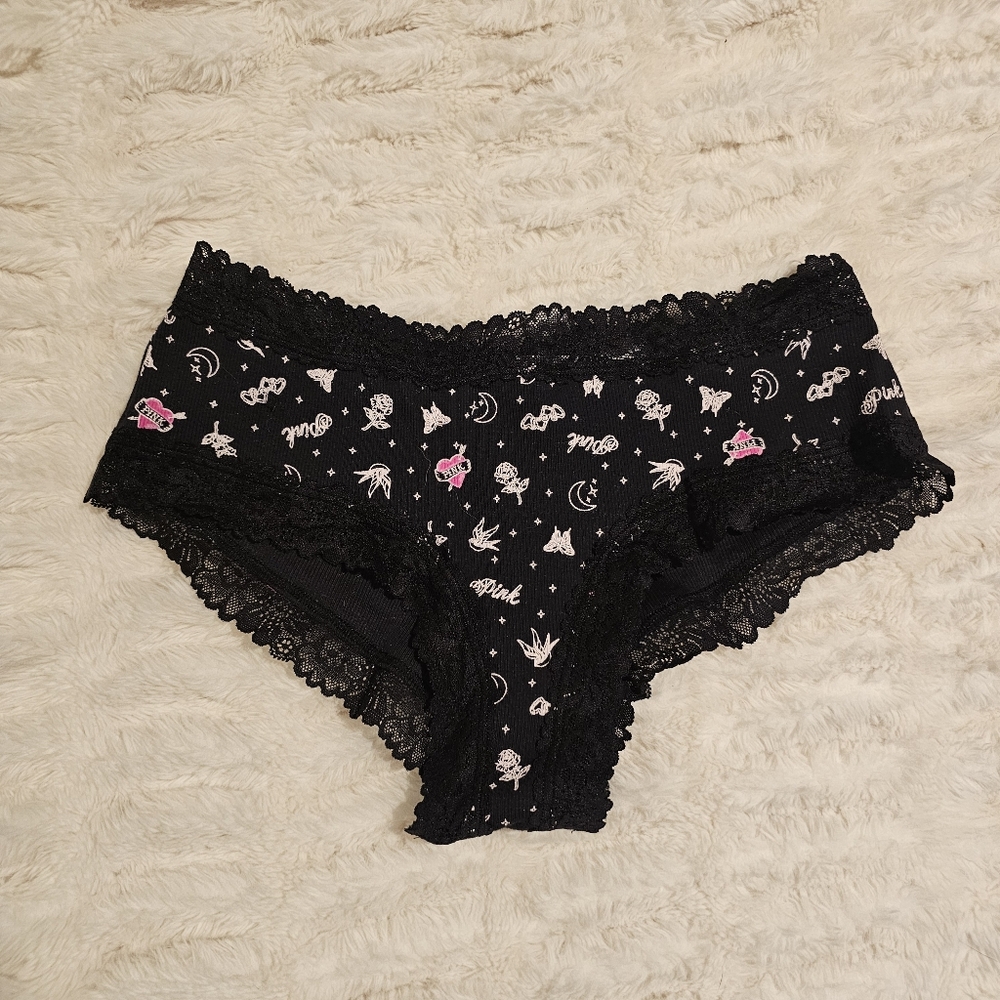 PINK Black And Pink Lace Trim Cheeky Medium